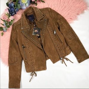 AMARYLLIS Suede Studded Moto/Biker Jacket Brown XS